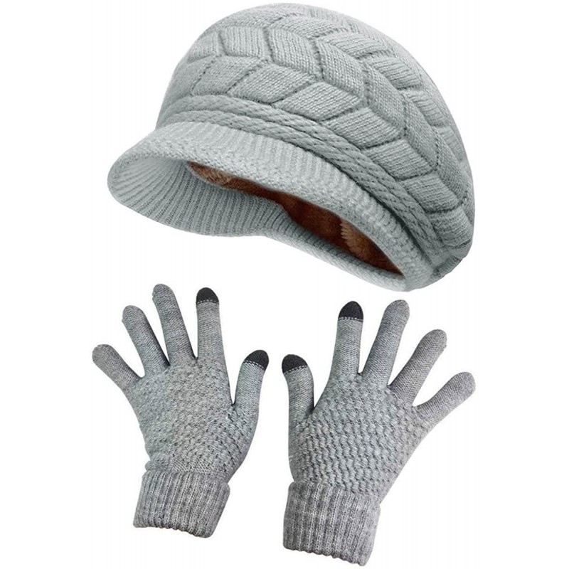 Skullies & Beanies Winter Hats for Women Girls Warm Wool Knit Snow Ski Skull Cap with Visor - _Hat and Gloves(grey) - CU185W7...