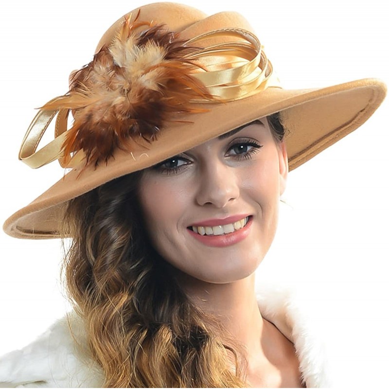Bucket Hats Women Wool Felt Plume Church Dress Winter Hat - Feather Style-camel - CT11MJML7Y7 $59.26