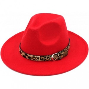Fedoras Women's Wool Blend Panama Hats Wide Brim Fedora Trilby Caps Leopard Leather Band - Red - CM186703M4Q $26.40