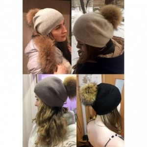 Skullies & Beanies Women Knit Wool Beanie - Winter Solid Cashmere Ski Hats Real Raccoon Fur Pom Pom - 08- Khaki - C5185TE9TMD...
