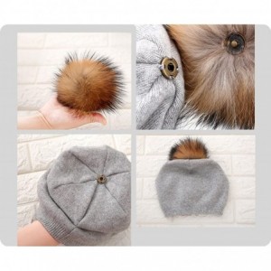 Skullies & Beanies Women Knit Wool Beanie - Winter Solid Cashmere Ski Hats Real Raccoon Fur Pom Pom - 08- Khaki - C5185TE9TMD...