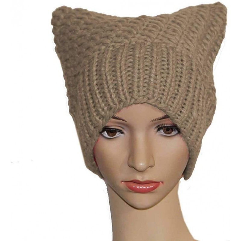Skullies & Beanies 100% Handmade Knitted Pussy Cat Hat for Women's March Winter Warm Beanie Cap - Khaki - C418L6NI7DM $24.11