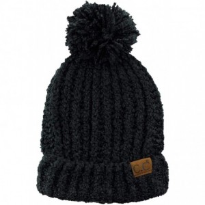 Skullies & Beanies Women's Chenille Soft Stretchy Pom Cuffed Knit Beanie Cap Hat - Black - C218IQG875A $29.39