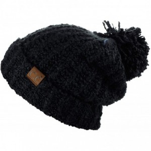 Skullies & Beanies Women's Chenille Soft Stretchy Pom Cuffed Knit Beanie Cap Hat - Black - C218IQG875A $26.52
