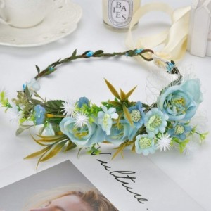 Headbands Adjustable Bridal Flower Garland Headband Flower Crown Hair Wreath Halo Boho Bridal Flower Wreath (Blue) - Blue - C...