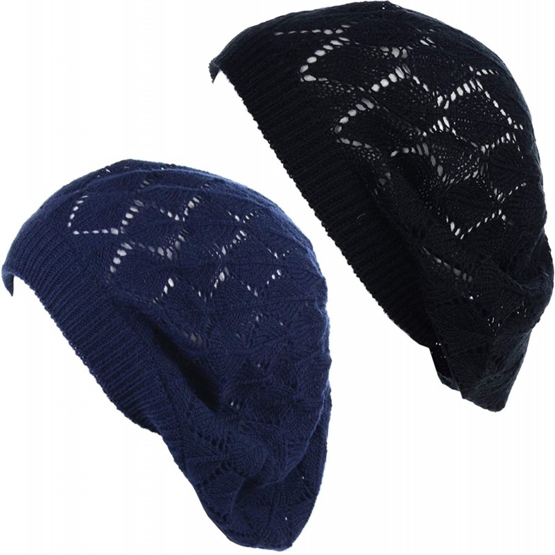 Berets Womens Lightweight Cut Out Knit Beanie Beret Cap Crochet Hat - Many Styles - 2681bknavy - CF1953AKQTI $28.46