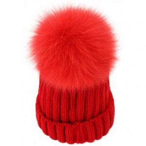 Skullies & Beanies Women Winter Kintted Beanie Hats with Real Fox Fur Pom Pom - Red - CT18KHTYDML $29.44