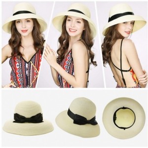 Sun Hats Packable Straw Floppy Fedora Panama Derby Beach Sun Hat for Women Band Ribbon 55-58cm - White_00043 - C018SUXA2A6 $3...