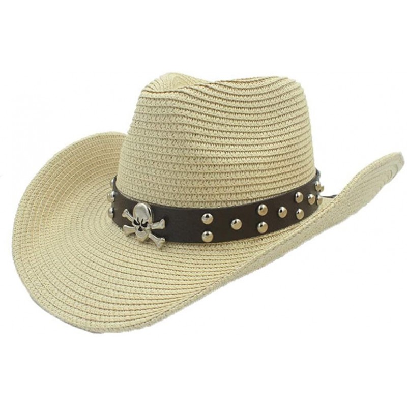 Cowboy Hats Unisex Wide Brim Straw Cowboy Hat Summer Outback Beach Sun Cap with Leather Belt - Straw - CS18RA24ZDG $57.38