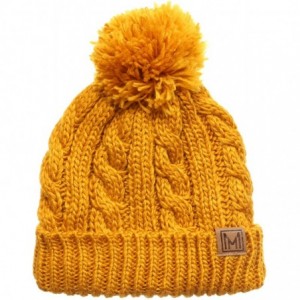 Skullies & Beanies Winter Oversized Cable Knitted Pom Pom Beanie Hat with Fleece Lining. - Mustard - CU18IEGENG3 $24.98