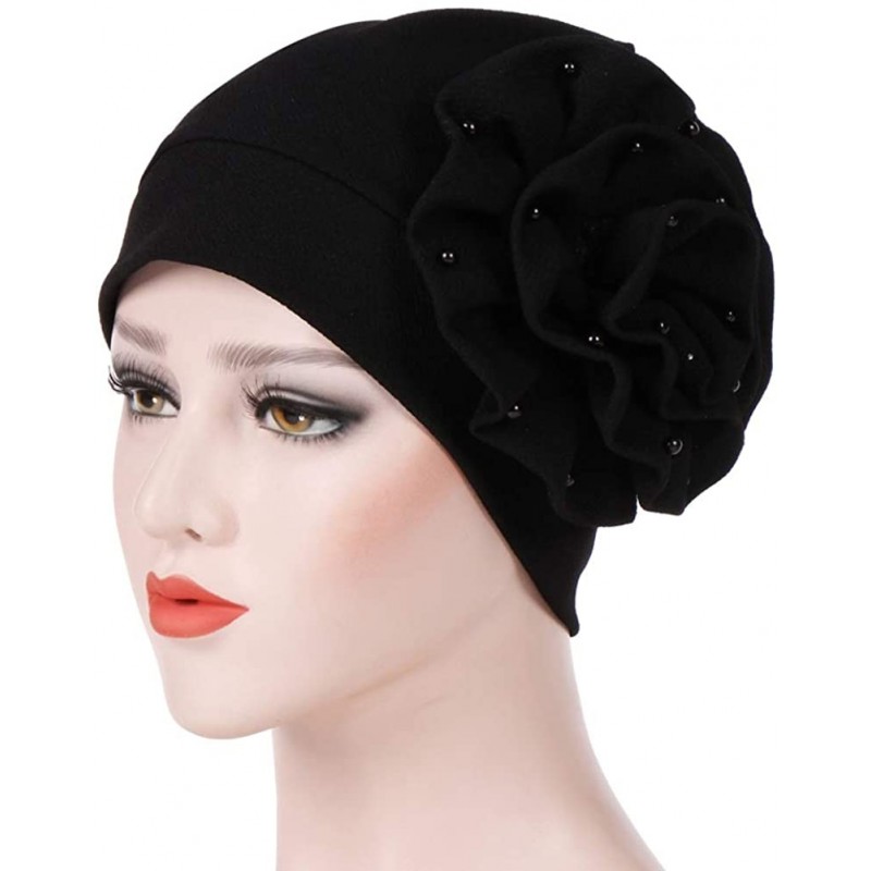 Skullies & Beanies Stylish Autumn Turban Cap with Side Bead Flower Muslim Hat Stretch Headwrap Head Scarf - Black - CN18IDXO7...