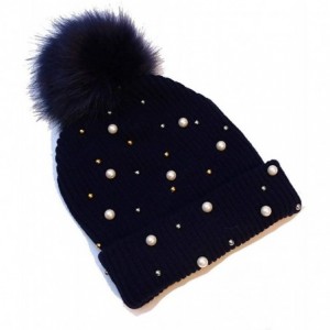 Skullies & Beanies Knitted Hats Beanie Hat Beading Beanie Warm Soft Casual Beanies Hats with Pompom - Navy Blue - C71920OYROR...