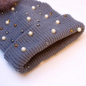 Skullies & Beanies Knitted Hats Beanie Hat Beading Beanie Warm Soft Casual Beanies Hats with Pompom - Navy Blue - C71920OYROR...