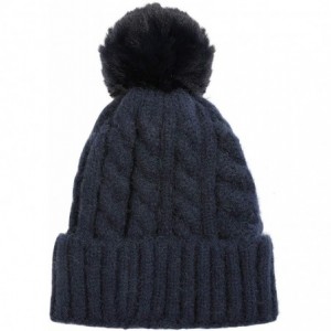 Skullies & Beanies Winter Beanie Knit Hat with Faux Fur Pom Pom Slouchy Soft Warm Stretch Cable Ski Cap for Women - Navy - CA...