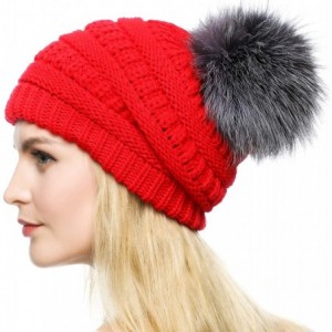 Skullies & Beanies Womens Girls Winter Knitted Slouchy Beanie Hat with Real Large Silver Fox Fur Pom Pom Hats - Slouch Red - ...