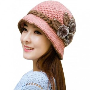 Berets Winter Beret Cap Womens Flower Knit Crochet Beanie Hat Winter Warm Cap - ❤️pink - CA1888AZEOO $25.93