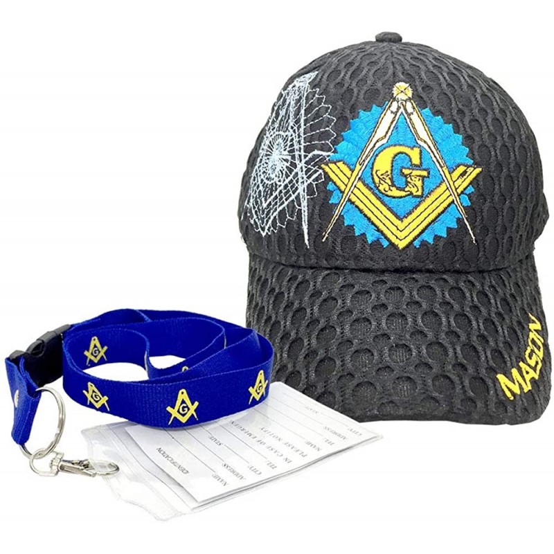 Baseball Caps Freemason Mason Symbol Adjustable 3D Embroidery Baseball Mesh Cap Hat w/Lanyard - Black 2 - CX18RQREGK7 $27.06