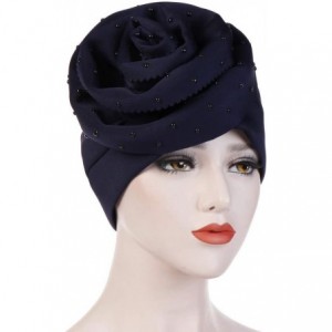 Skullies & Beanies Fashion Women Floral Beading Keep Warm Solid Hat Beanie Turban Head Wrap Cap - Navy - CN18NLZOW2T $17.90