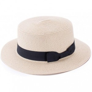 Sun Hats Womens Mini Straw Boater Hat Fedora Panama Flat Top Ribbon Summer A456 - Beige - CD185O38OO4 $24.88