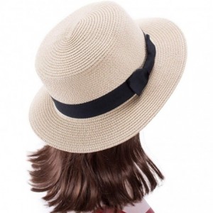 Sun Hats Womens Mini Straw Boater Hat Fedora Panama Flat Top Ribbon Summer A456 - Beige - CD185O38OO4 $23.06