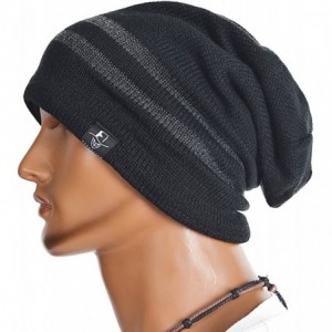 Skullies & Beanies Slouchy Knitted Baggy Beanie Hat Crochet Stripe Summer Dread Caps Oversized for Men-B318 - Black - CV183LQ...
