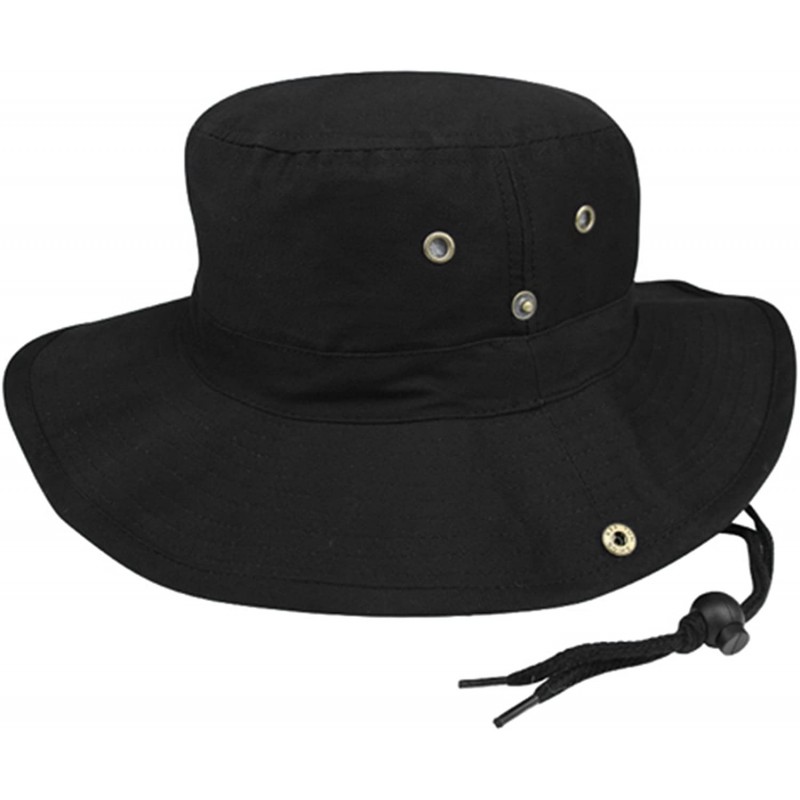 Sun Hats BRUSHED TWILL AUSSIE HAT WITH SIDE SNAPS AND CHIN CORD - Black - CO11BXYEHI5 $22.73