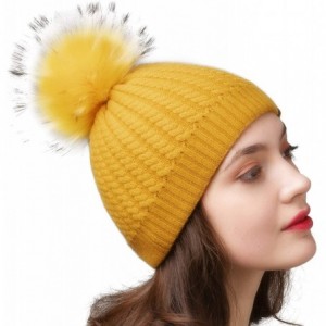 Sun Hats Winter Beanie for Women Warm Knit Bobble Skull Cap Big Fur Pom Pom Hats for Women - 10 Yellow - CT18UAS8IOD $29.93