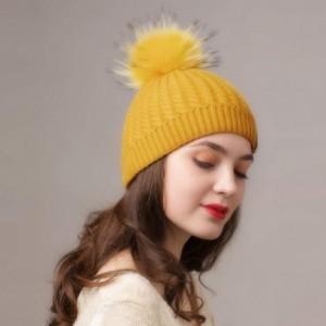 Sun Hats Winter Beanie for Women Warm Knit Bobble Skull Cap Big Fur Pom Pom Hats for Women - 10 Yellow - CT18UAS8IOD $26.49