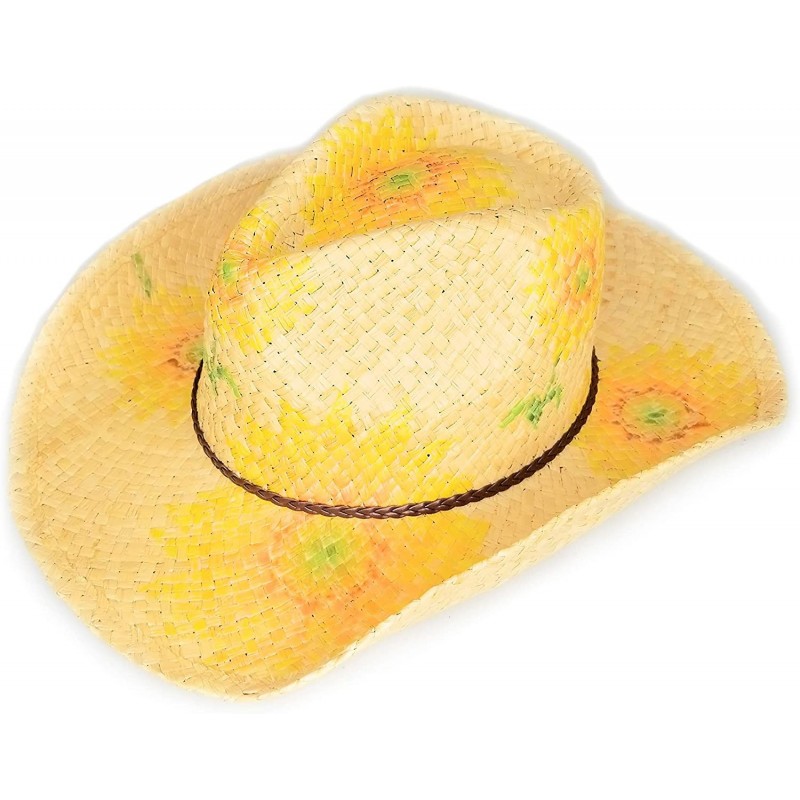 Cowboy Hats Summer Straw Cowboy Hats for Women- Lightweight Raffia Cowgirl Hat w/Sunflower Print - C418DXIS8IN $55.87