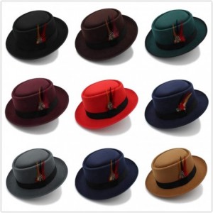 Fedoras Mens Trilby Hat Vintage Women Men Pork Pie Hat Dad Wool Flat Fedora Hat for Gentleman Gambler - Sky Blue - CX18NK7ZM6...
