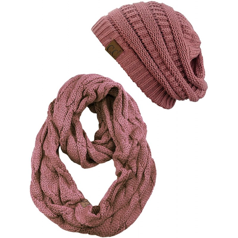 Skullies & Beanies Unisex Soft Stretch Chunky Cable Knit Beanie and Infinity Loop Scarf Set - Mauve - C918KIIWWU3 $42.90
