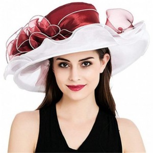 Sun Hats Women's Derby Hat Ruffle Brim Floral Aside Patchwork Organza Wide Brim Hat - Wine Top and White - CF18NQ34AZK $78.47