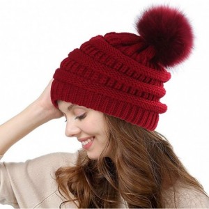 Skullies & Beanies Slouchy Winter Knit Beanie for Women Ribbed Stretch Chunky Faux Fur Pom Pom Hat Bobble Ski Cap - Red - CU1...