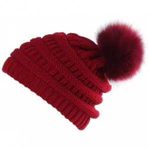 Skullies & Beanies Slouchy Winter Knit Beanie for Women Ribbed Stretch Chunky Faux Fur Pom Pom Hat Bobble Ski Cap - Red - CU1...