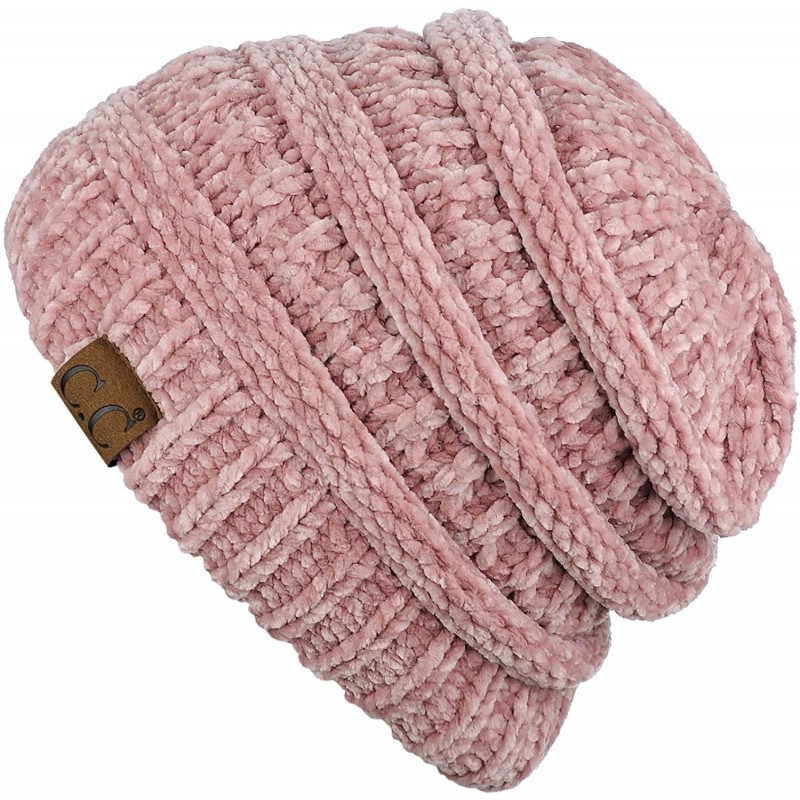 Women's Chenille Soft Warm Thick Knit Beanie Cap Hat - Rose - CG18IQH9DQX