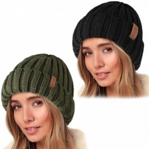 Skullies & Beanies Knit Beanie Hats for Women Men Double Layer Fleece Lined Chunky Winter Hat - Z-black/Pine Green 2pcs - CD1...