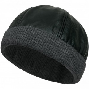 Skullies & Beanies Faux Leather Solid Color Skully Beanie Ribbed Knit Band Hat - Shadow Grey Band - CC187ENXD2M $45.52