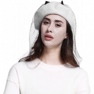 Berets Women's Franch Inspired Wool Felt Beret Hat with Veil Cocktail Hat - Bow-white - CG1888D2HTH $26.75