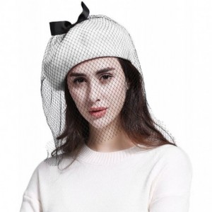 Berets Women's Franch Inspired Wool Felt Beret Hat with Veil Cocktail Hat - Bow-white - CG1888D2HTH $25.10