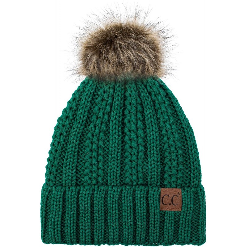 Skullies & Beanies Exclusives Fuzzy Lined Knit Fur Pom Beanie Hat (YJ-820) - Sea Green - CN192AHL8HK $31.59