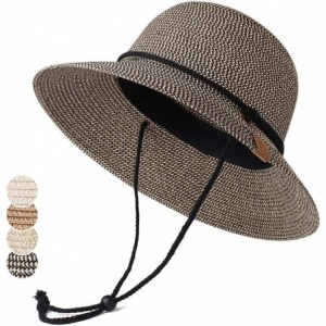 Sun Hats Womens Wide Brim Sun Hat with Wind Lanyard UPF Summer Straw Sun Hats for Women - Mixed Beige Black - CA18NC9Q9CA $43.80