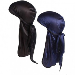 Skullies & Beanies Satin Silk Head Wrap Durag Long Tail Beanies for Men Headwraps Cap - 2pcs Black&navy - CM196R7A6U7 $23.60