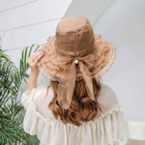 Sun Hats Summer Lady's Fashion Wide-Side Pearl Bow Foldable Lace Sun Hat - Coffee - C418RETD8AG $16.39