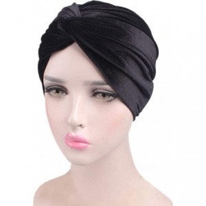 Skullies & Beanies Women's Stretch Velvet Twist Pleasted Hair Wrap Turban Hat Cancer Chemo Beanie Cap Headwear - Black - CI18...