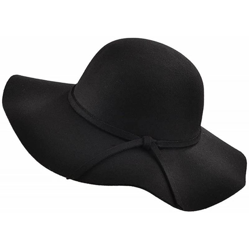 Sun Hats Women's Floppy Hat Fedora Hat with Wide Brim Warm Vintage Bowknot Felt Hat - Black - CV188ZYN704 $22.85