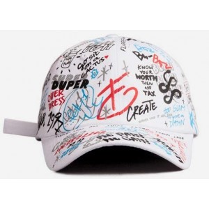 Baseball Caps Designer Graffiti Doodle Cotton Baseball Cap for Men Women- BTS Kpop Hat w/Curve Brim- Adjustable - White/Multi...