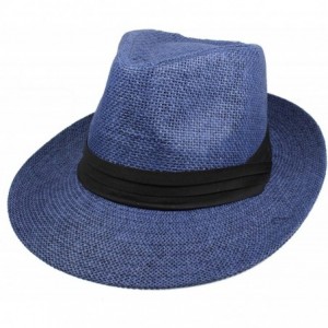 Fedoras Wide Brim Summer Fedora Panama Straw Hats with Black Band - Navy - CB18CW3OKOR $24.39