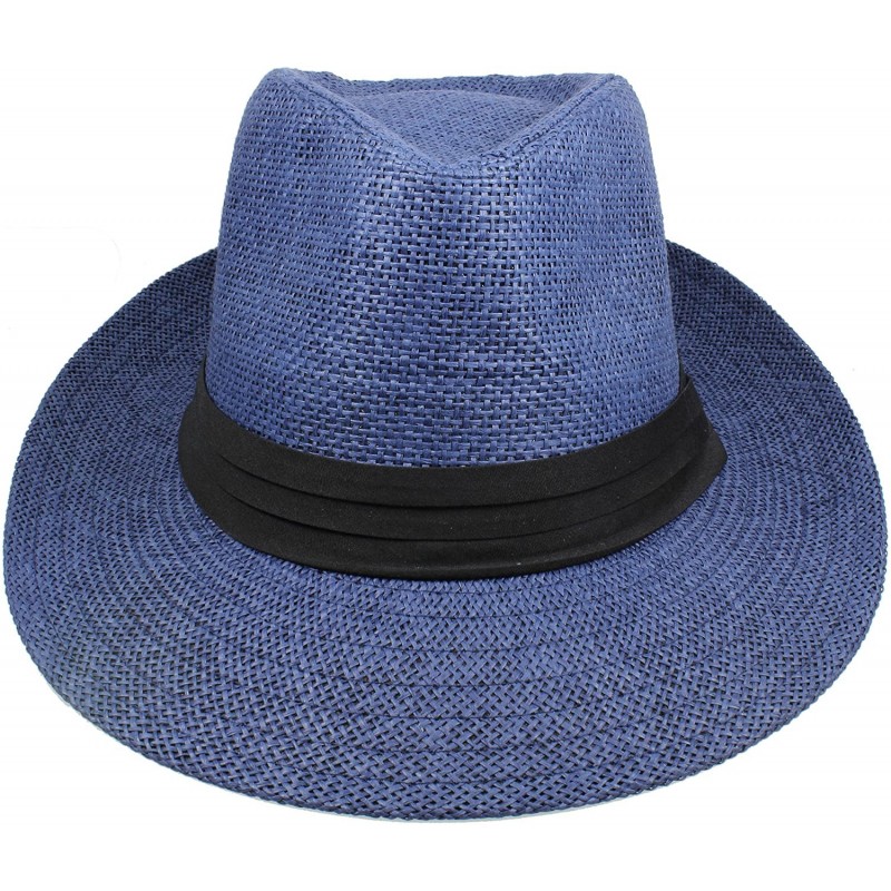 Wide Brim Summer Fedora Panama Straw Hats with Black Band - Navy ...