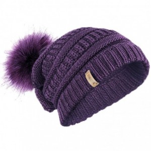 Skullies & Beanies Ladies Textured Knit Beanie HAT with Detachable Faux Fur POM POM - Purple - CT12KTD02EN $18.52