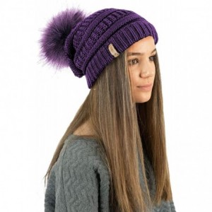Skullies & Beanies Ladies Textured Knit Beanie HAT with Detachable Faux Fur POM POM - Purple - CT12KTD02EN $18.52